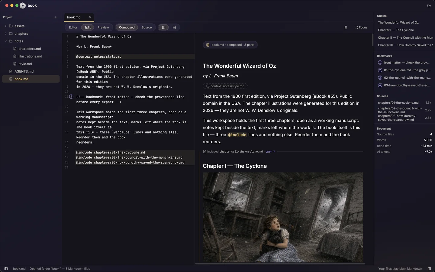 The Moondonut application: a project tree on the left, book.md open in a split view with its @include lines beside the composed document, and the document outline, bookmarks and source list on the right.